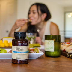 Digestive scene suggests relief from bloating after meals with Nature's Sunshine enzymes.