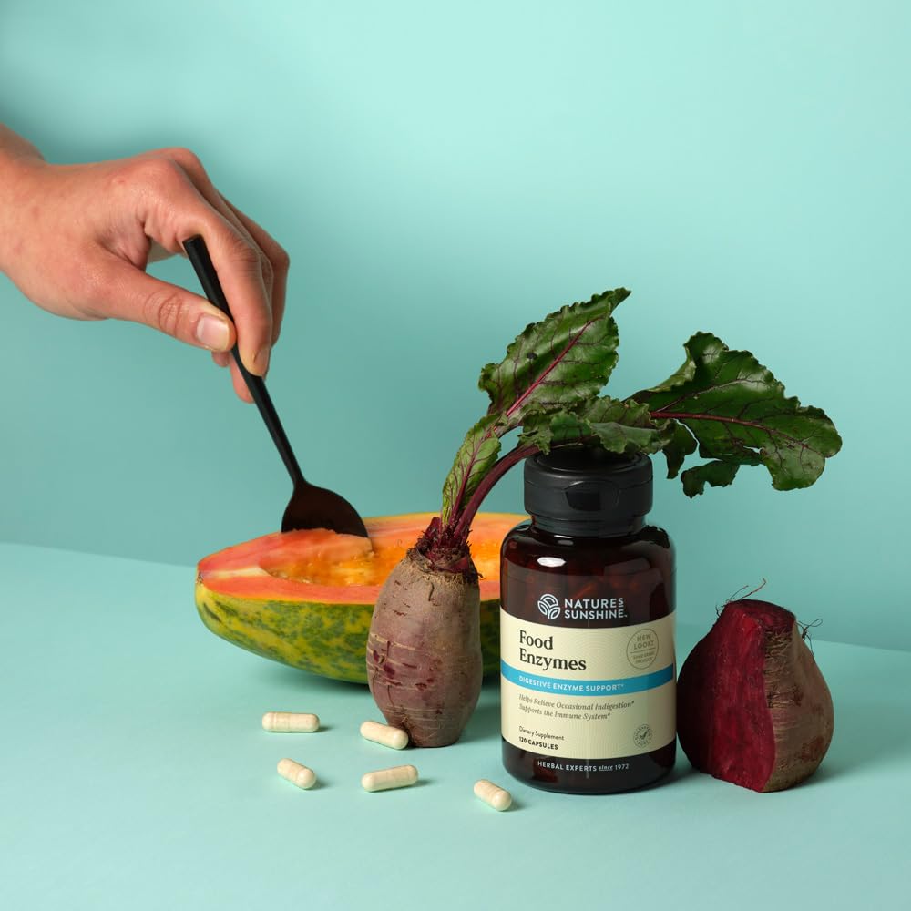 Nature's Sunshine enzymes blend highlights fats, carbs, and protein digestion.