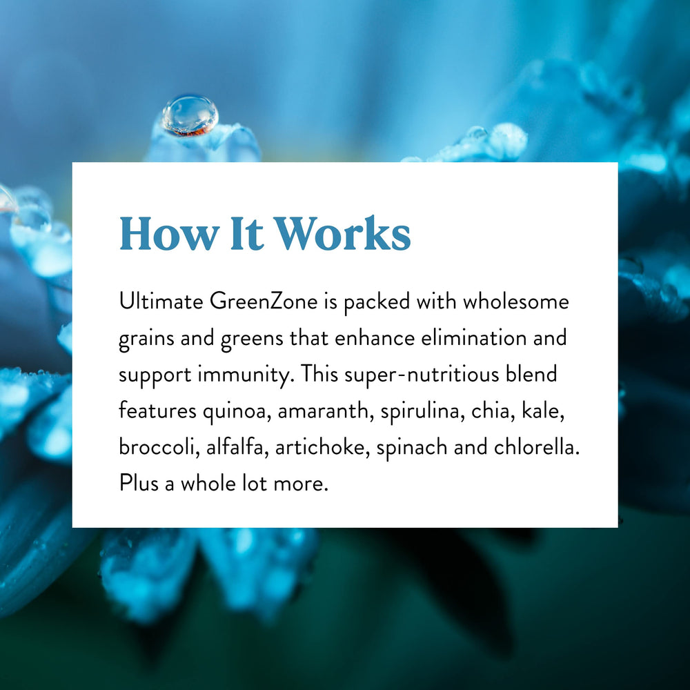 Nature's Sunshine Ultimate Greenzone packaging emphasizes immune-supporting nutrients for everyday resilience.