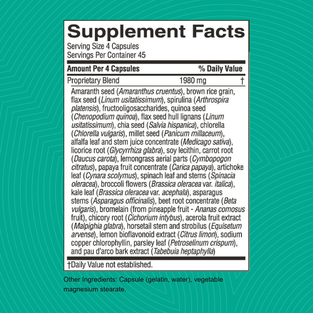 Nature's Sunshine Ultimate Greenzone ingredients like quinoa, amaranth, spirulina showcased for nourishment.
