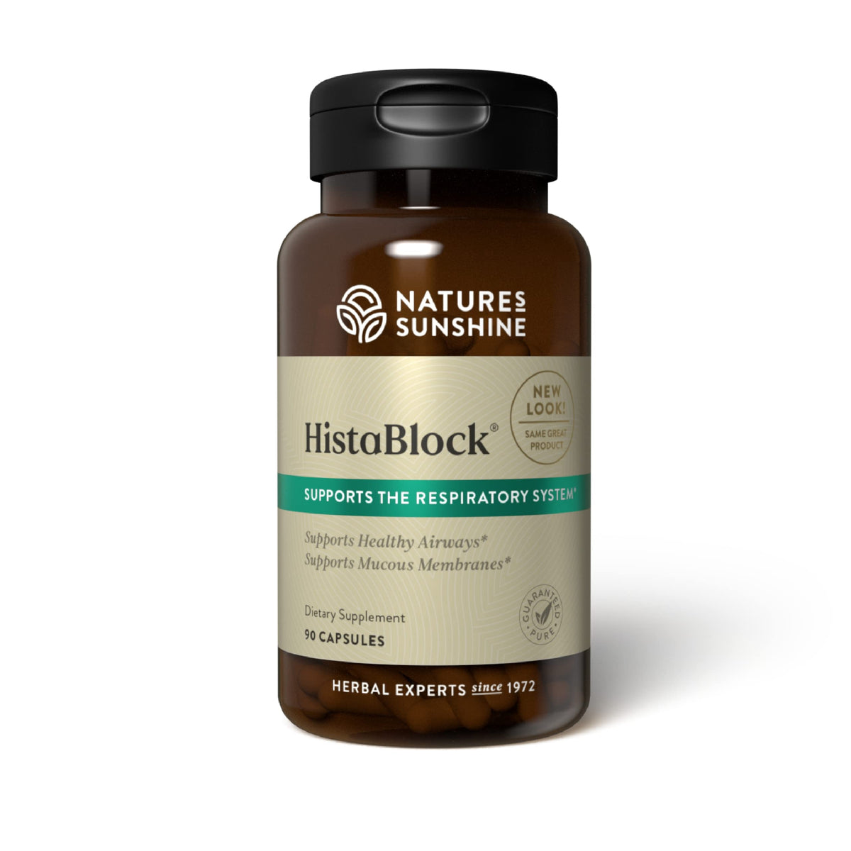 Nature's Sunshine HistaBlock bottle front providing seasonal airway support.