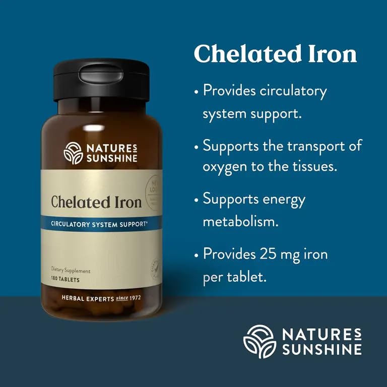 Nature's Sunshine Iron-Chelated tablets close-up showing 25 mg iron.