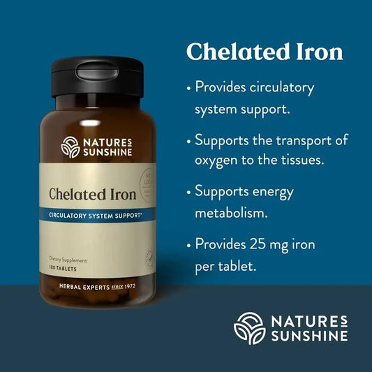Nature's Sunshine Iron-Chelated tablets close-up showing 25 mg iron.