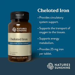 Nature's Sunshine Iron-Chelated tablets close-up showing 25 mg iron.