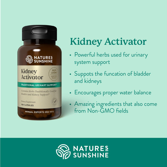Nature's Sunshine Kidney Activator bottle side displays capsule contents for daily use