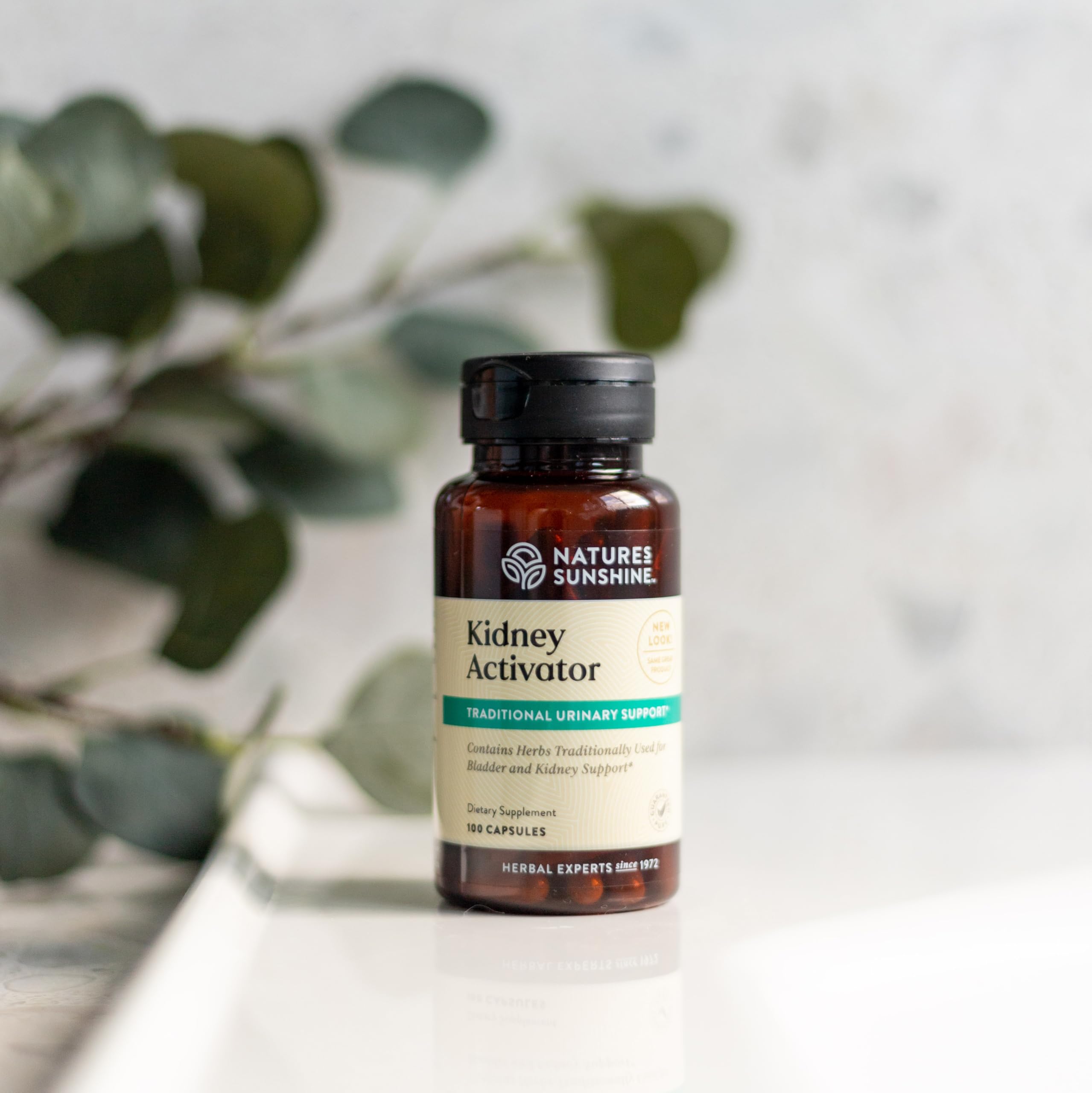 Nature's Sunshine Kidney Activator capsules closeup reveals soft capsules and herbs