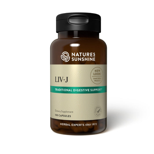 Nature's Sunshine LIV-J bottle label supports digestion and liver nourishment.