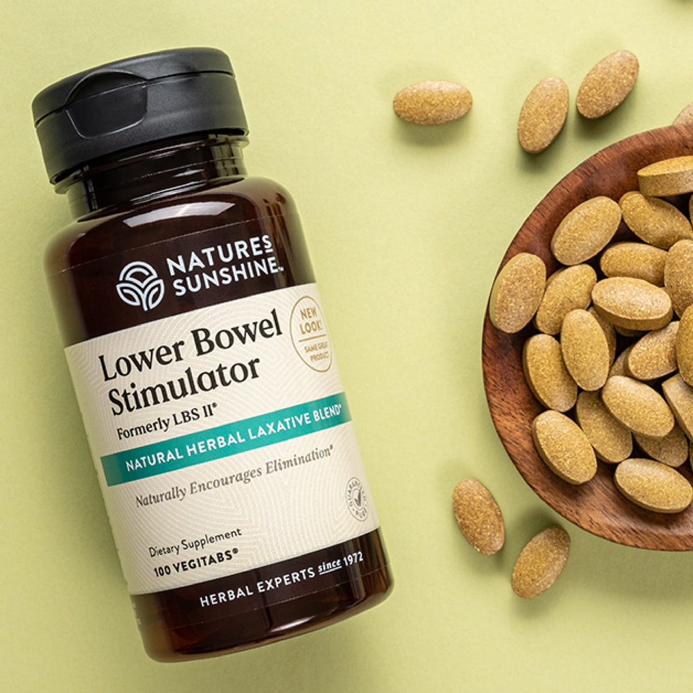 Nature's Sunshine Lower Bowel Stimulator capsules promoting gradual regularity.
