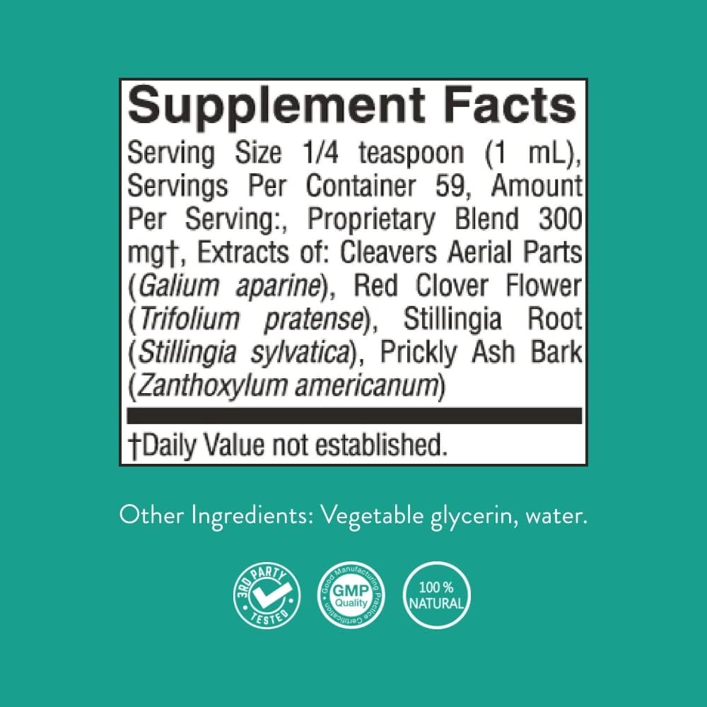 Label of Nature's Sunshine Lymphatic Drainage Drops highlights natural ingredients