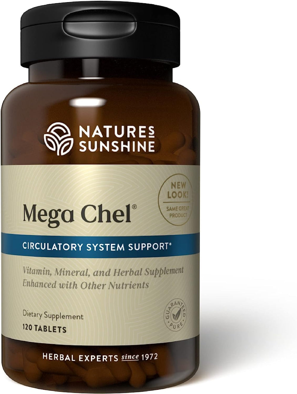 Nature's Sunshine Mega-Chel bottle closeup illustrating a complete vitamin formula for daily nutrient support