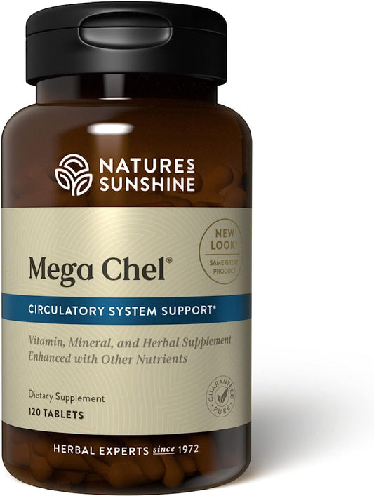 Nature's Sunshine Mega-Chel bottle closeup illustrating a complete vitamin formula for daily nutrient support