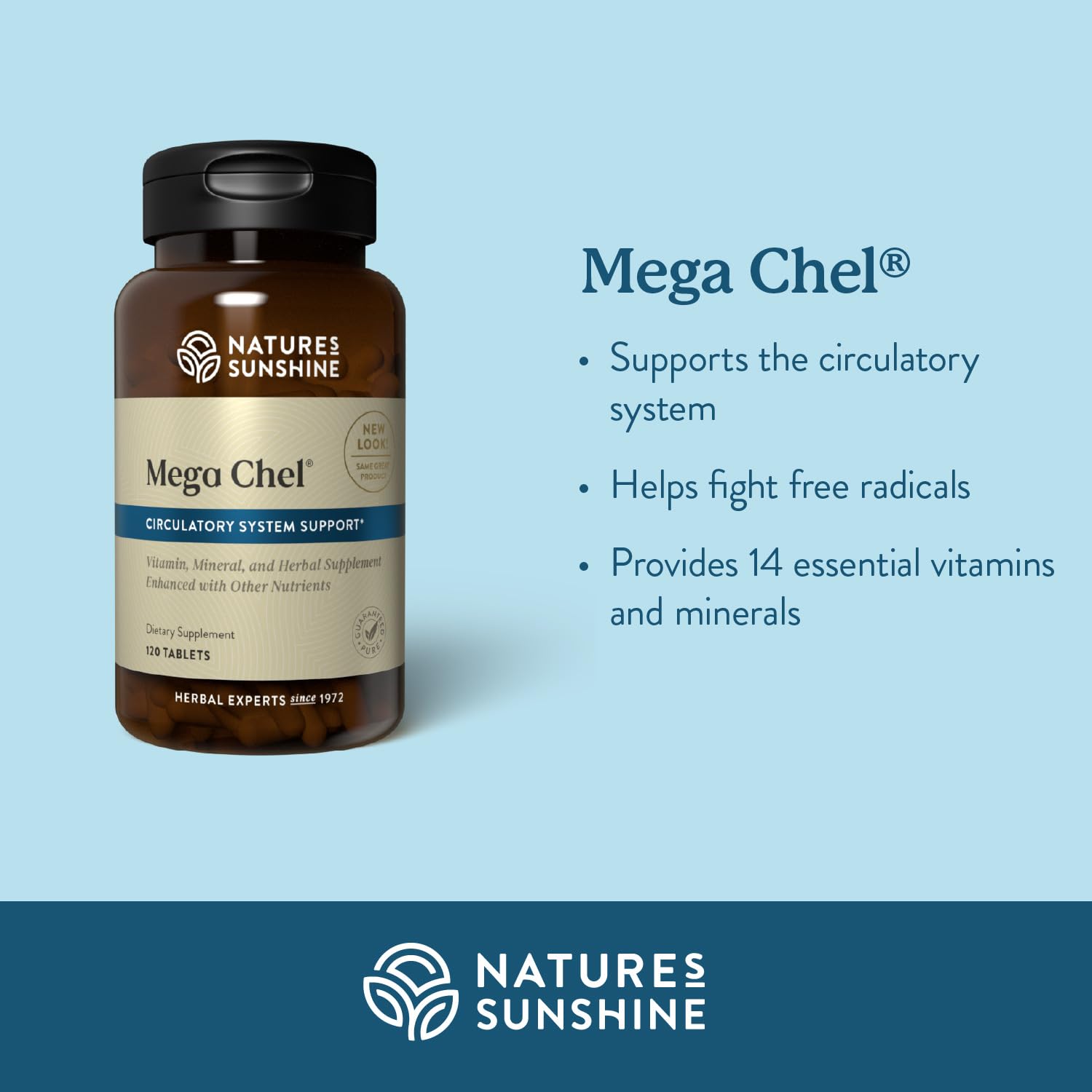 Nature's Sunshine Mega-Chel label details emphasizing pure ingredients and high-purity standards