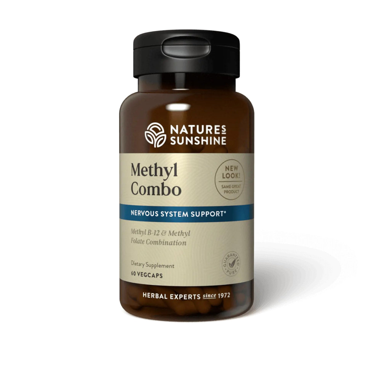Nature's Sunshine Methyl Combo bottle front view highlighting bioavailable B12 and folate.