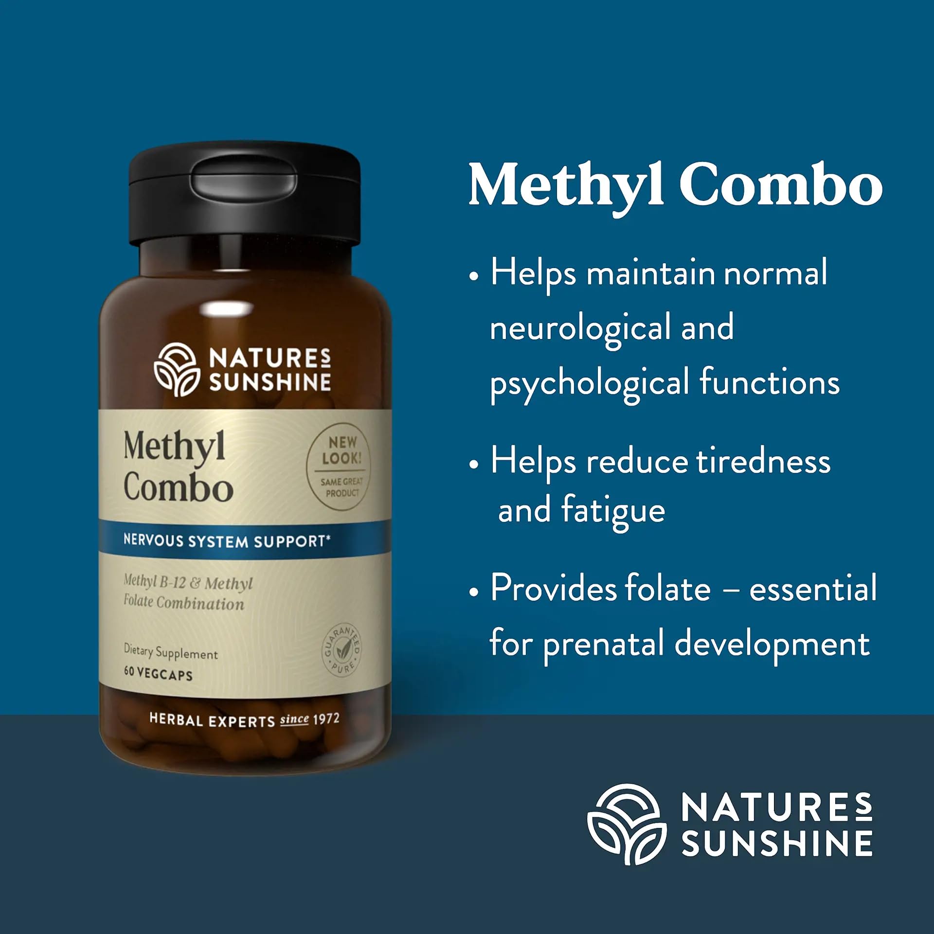 Nature's Sunshine Methyl Combo capsules on a table, showcasing daily supplement form.
