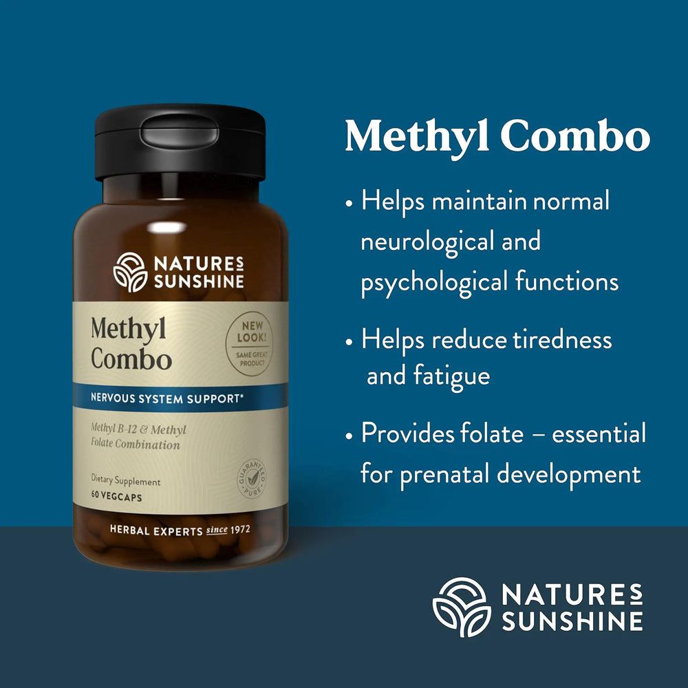 Nature's Sunshine Methyl Combo capsules on a table, showcasing daily supplement form.