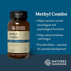 Nature's Sunshine Methyl Combo capsules on a table, showcasing daily supplement form.