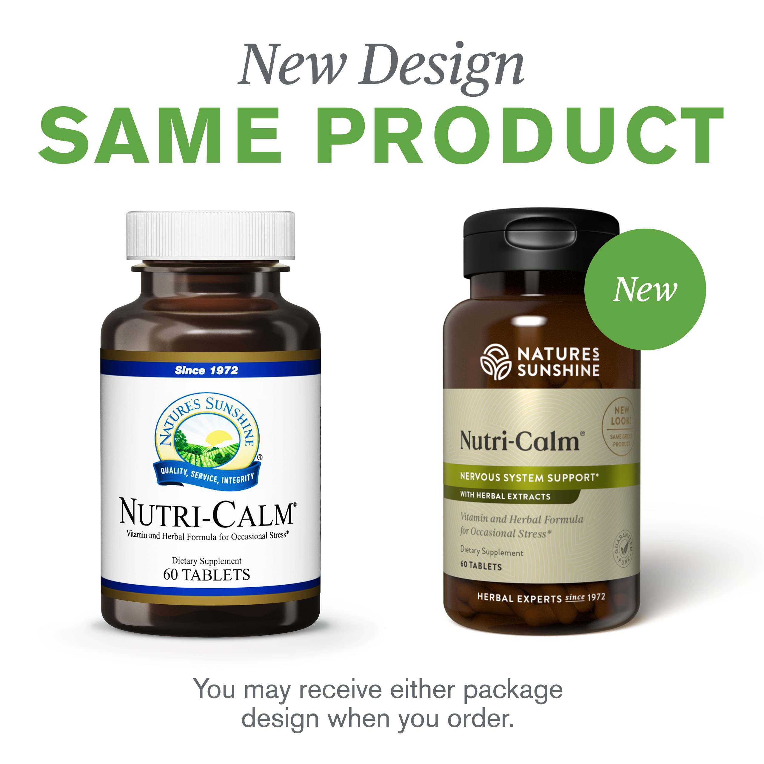 Nature's Sunshine Nutri-Calm storage container on a tidy shelf for easy access.