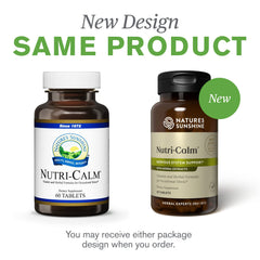 Nature's Sunshine Nutri-Calm storage container on a tidy shelf for easy access.