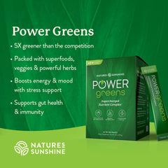 Nature's Sunshine Power Greens stick-pack label close-up highlighting vegan, gluten-free formula.