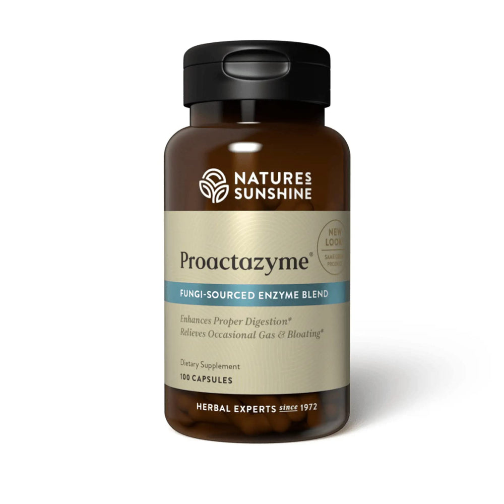Nature's Sunshine Proactazyme bottle front with herbal enzyme blend for balanced digestion