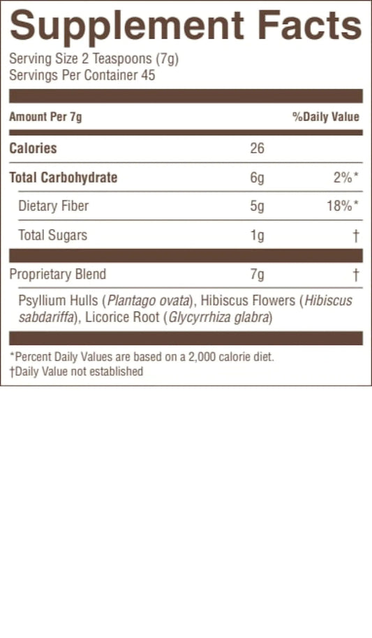 Nature's Sunshine Psyllium Hulls Combination ingredients label shows hibiscus and licorice root blend
