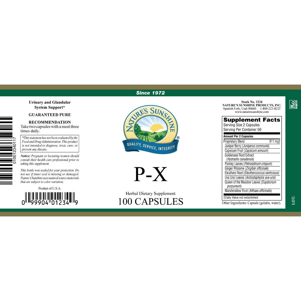 Nature's Sunshine PX 100 capsules closeup highlights compact capsules for daily use.