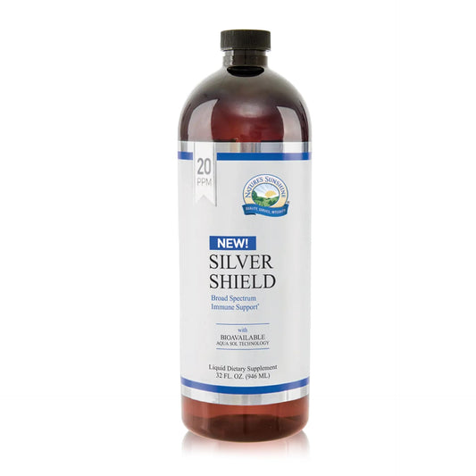 Nature's Sunshine Silver Shield Liquid bottle pour for easy three-times-daily dosing