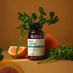 Nature's Sunshine Sinus Support EF packaging close-up emphasizing quality and care.