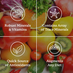 Spread of ingredients linked to Nature's Sunshine Super Supplemental, including vegetables and berries.