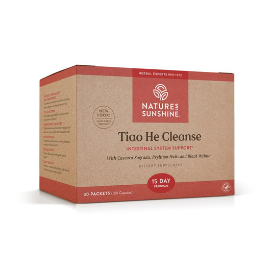 Nature's Sunshine Tiao He Cleanse bottle shown, supporting digestive balance and gentle daily detox.