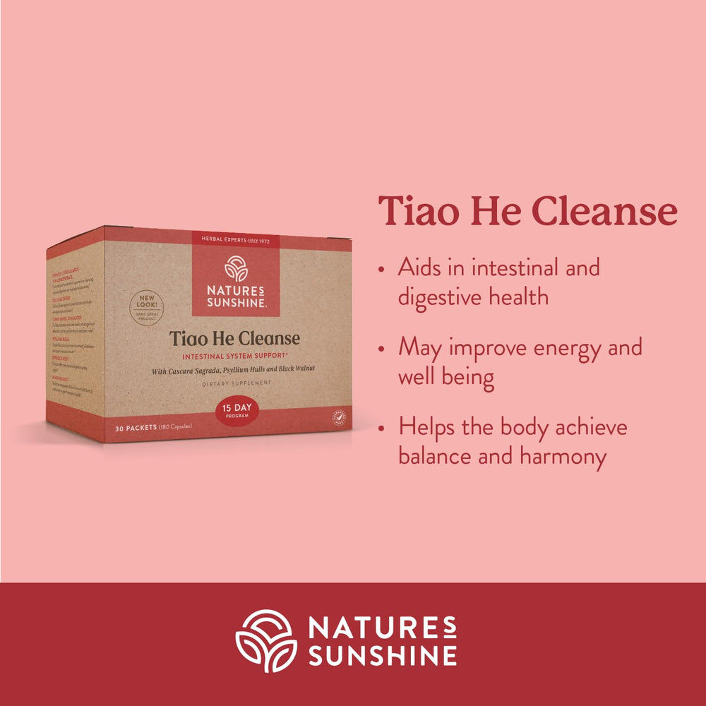 Nature's Sunshine Tiao He Cleanse label closeup, highlighting herbal ingredients for liver and digestion support.