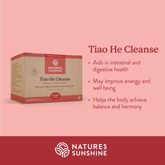 Nature's Sunshine Tiao He Cleanse label closeup, highlighting herbal ingredients for liver and digestion support.