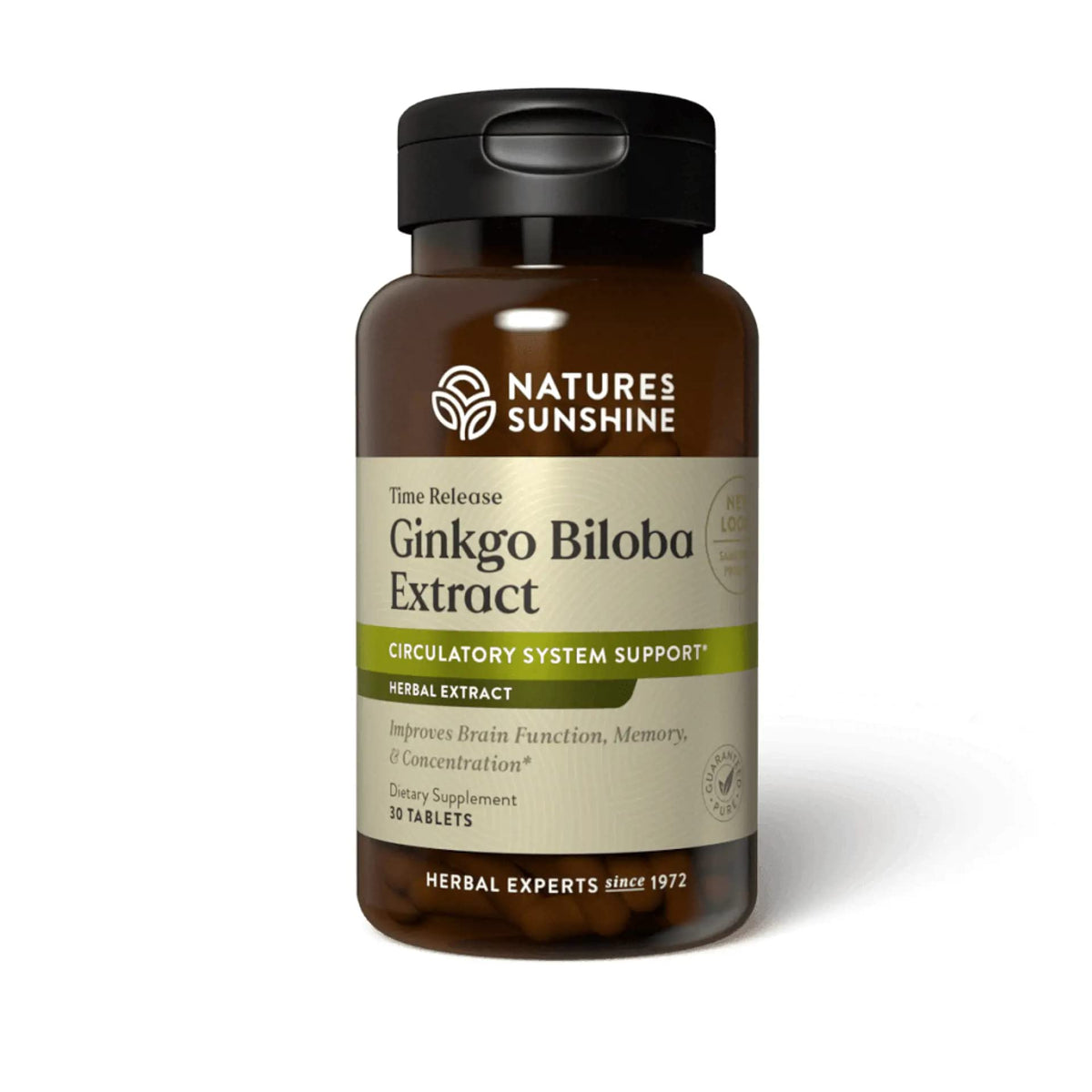 Nature's Sunshine Time-Release Ginkgo Biloba bottle with 30 tablets for daily brain support.