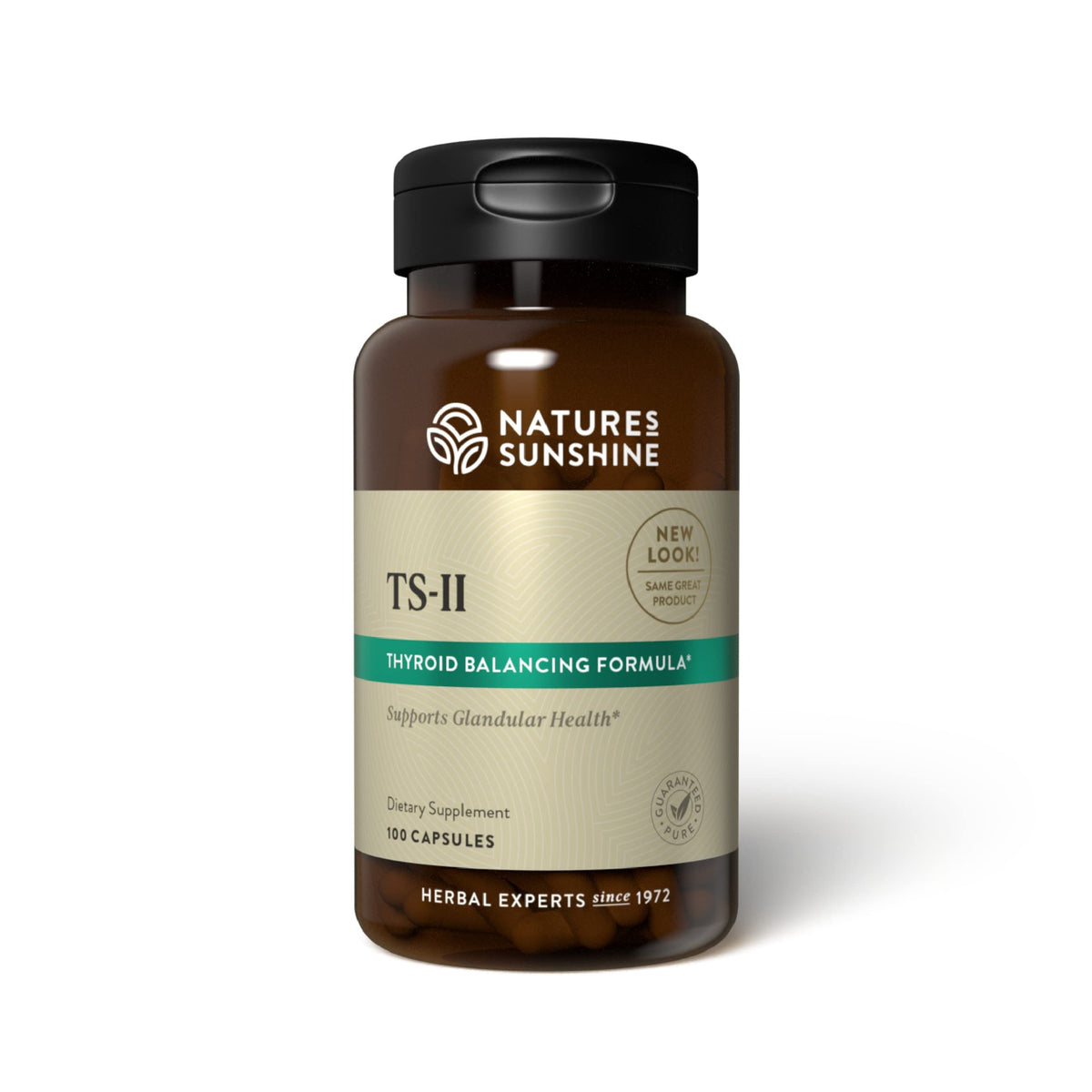 Nature's Sunshine TS II with Hops bottle close-up highlighting thyroid support potential.