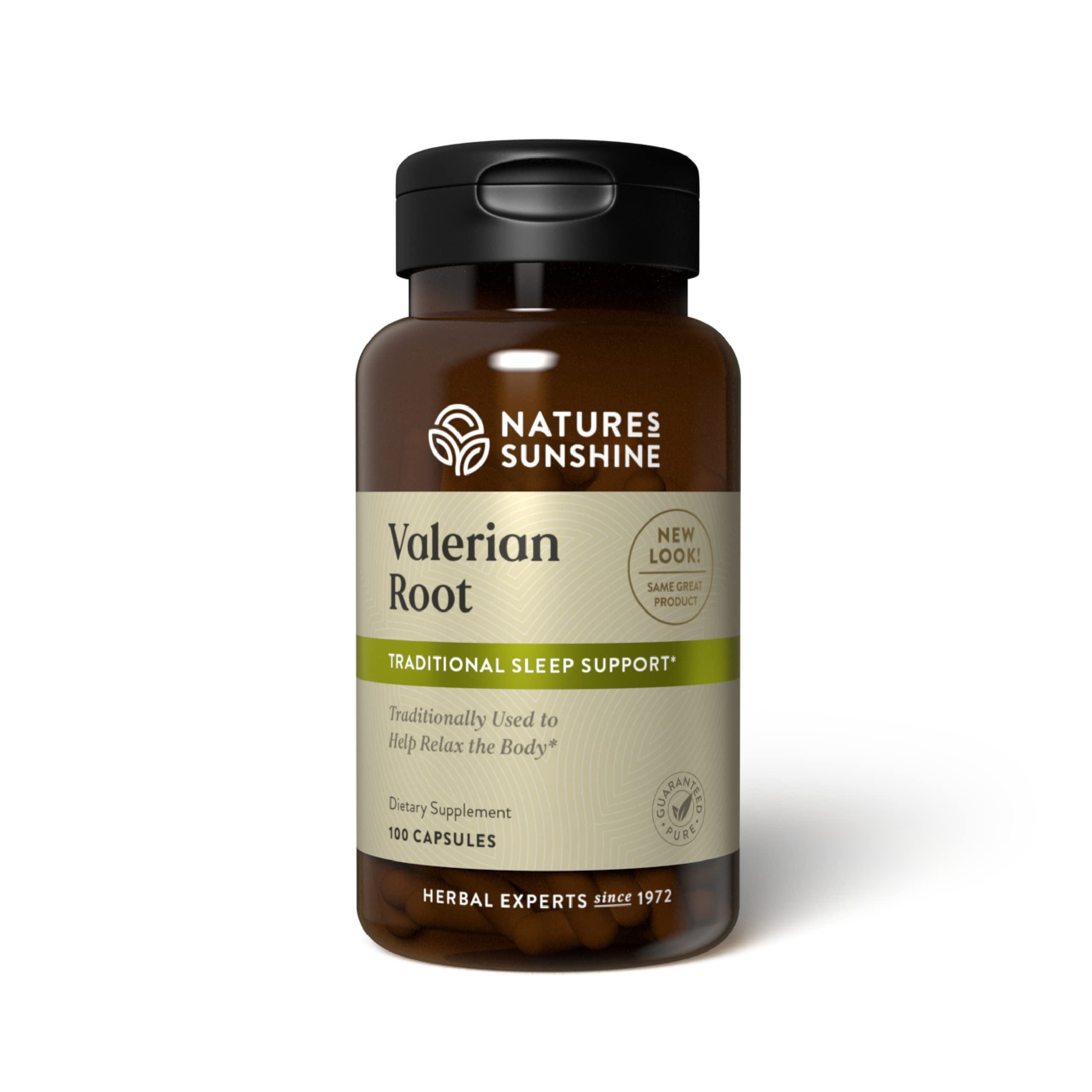 Nature's Sunshine Valerian Root bottle front highlights calm support for evenings.