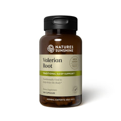 Nature's Sunshine Valerian Root bottle front highlights calm support for evenings.