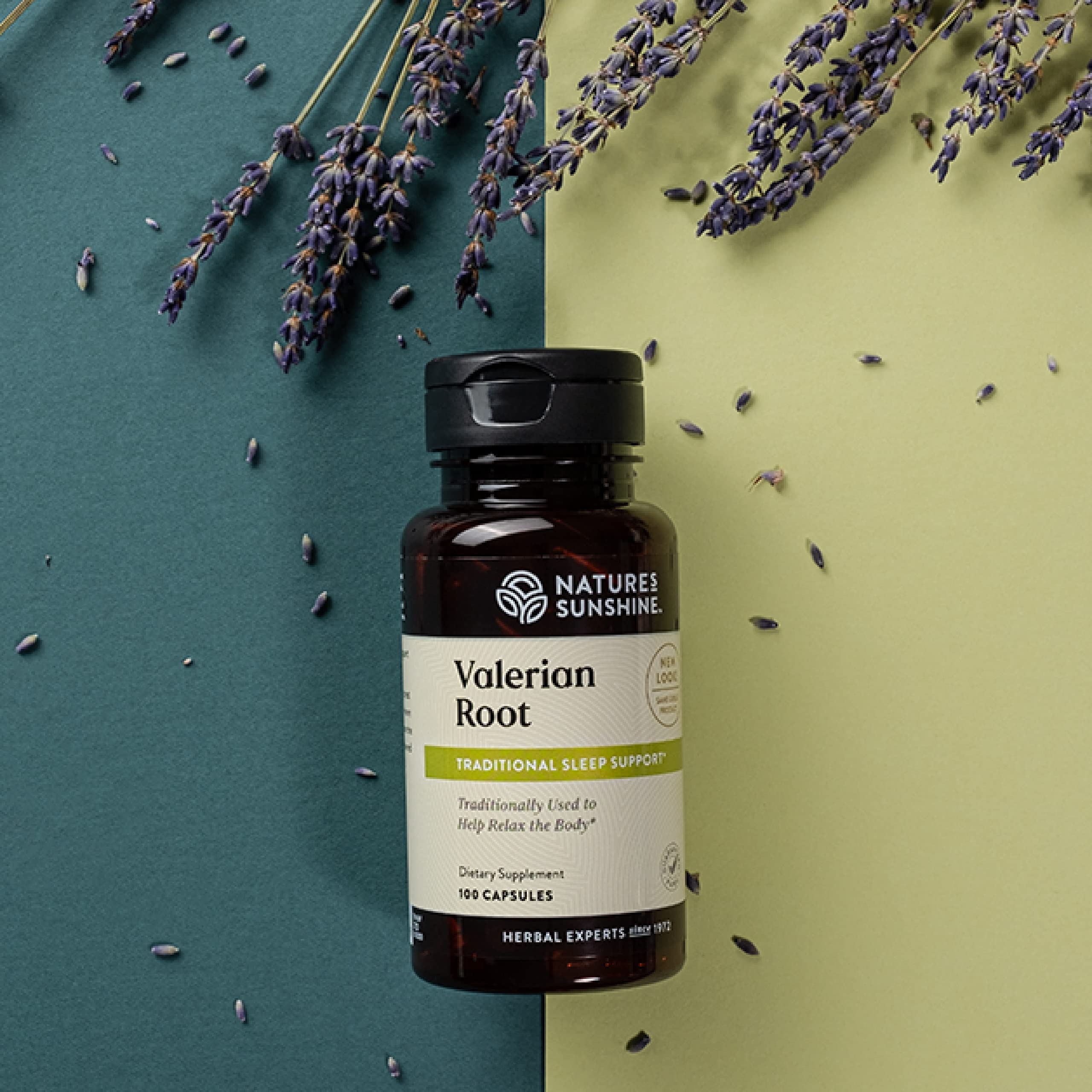 Nature's Sunshine Valerian Root capsules close-up emphasizing natural sleep support.
