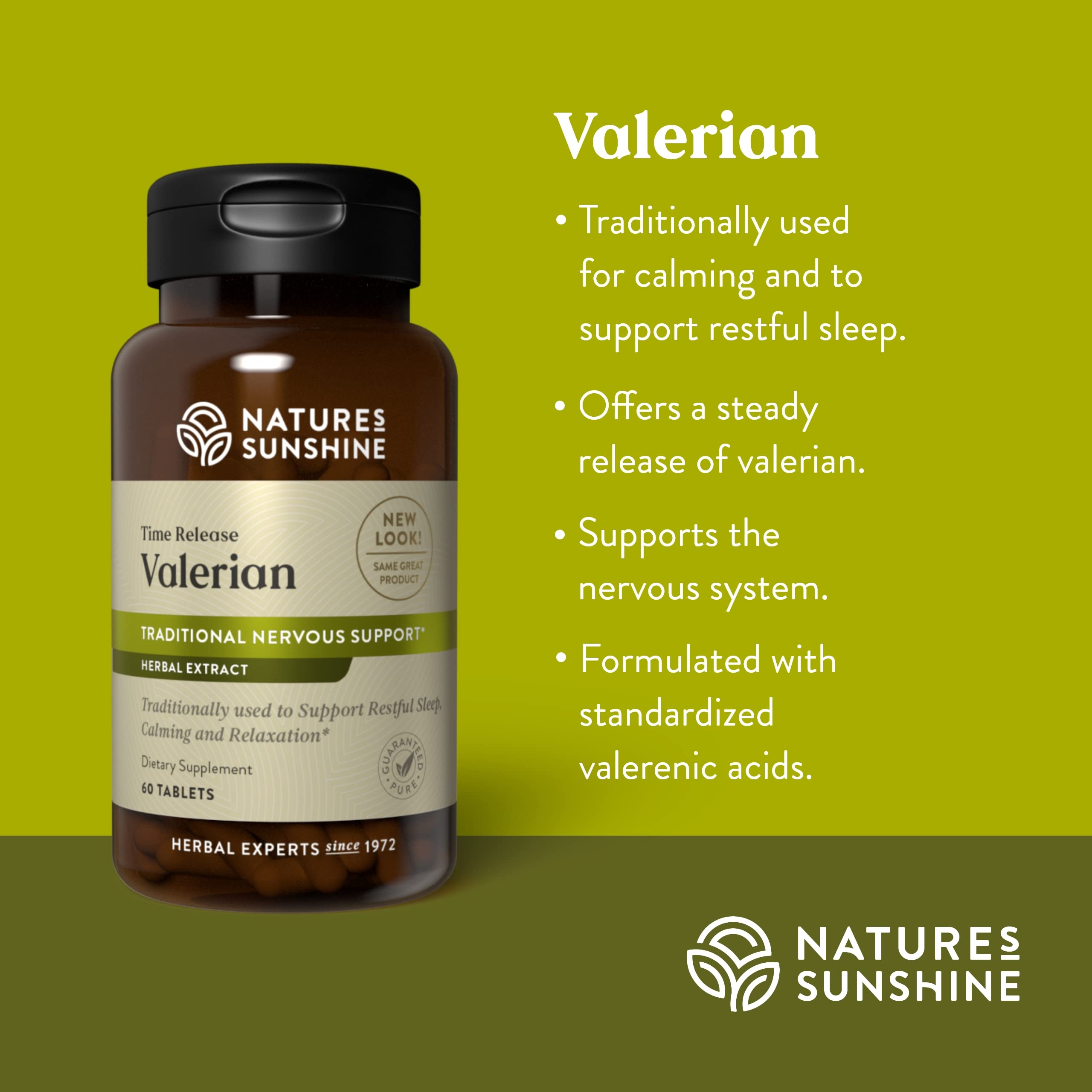 Nature's Sunshine valerian root extract bottle shown for calming evenings and relaxed routines.