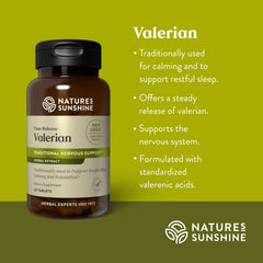 Nature's Sunshine valerian root extract bottle shown for calming evenings and relaxed routines.