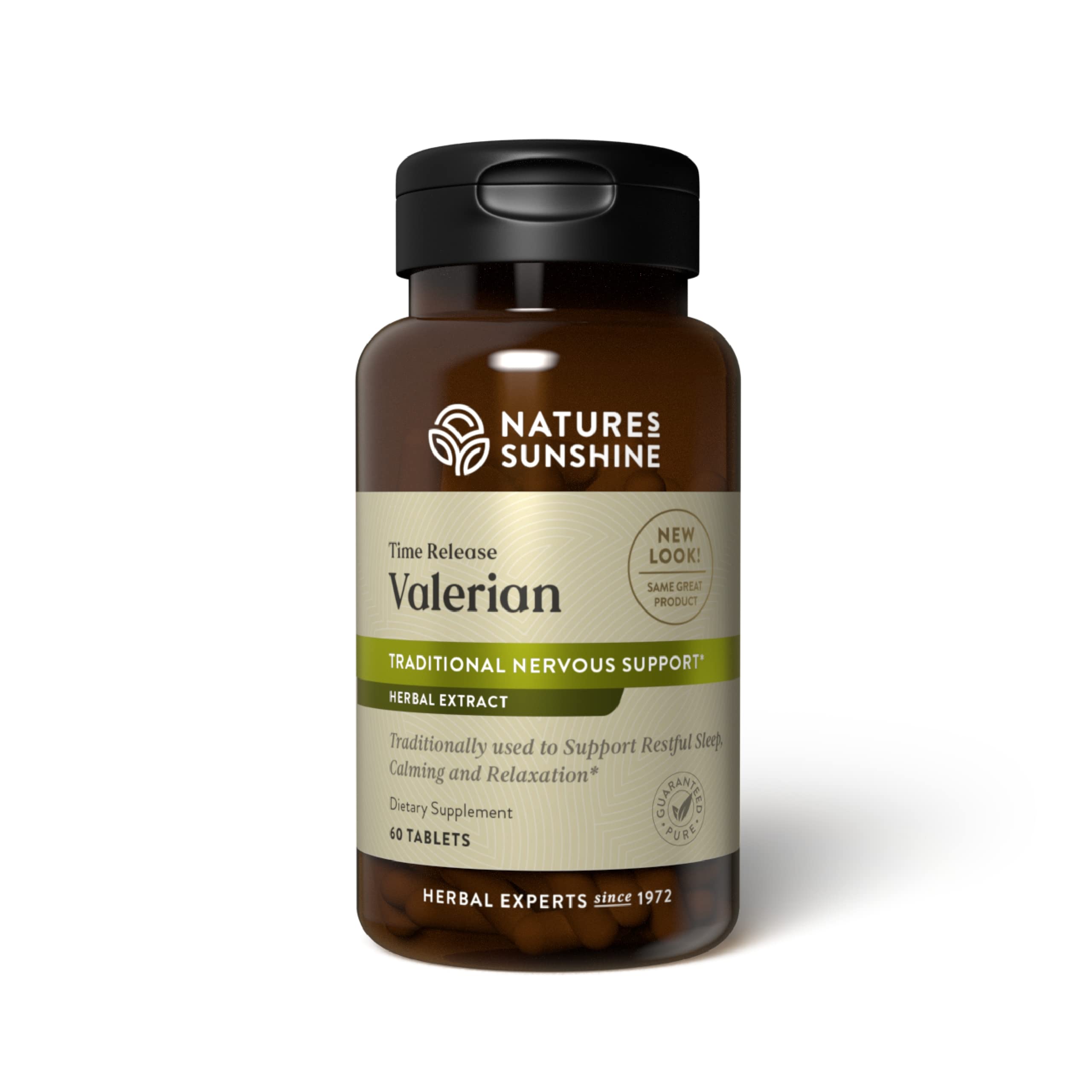 Nature's Sunshine valerian root extract capsules close-up, highlighting time-release sleep support.