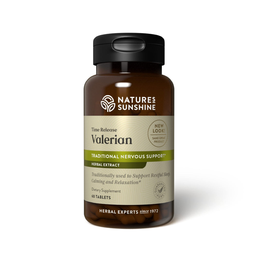 Nature's Sunshine valerian root extract capsules close-up, highlighting time-release sleep support.