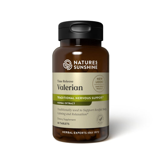 Nature's Sunshine valerian root extract capsules close-up, highlighting time-release sleep support.