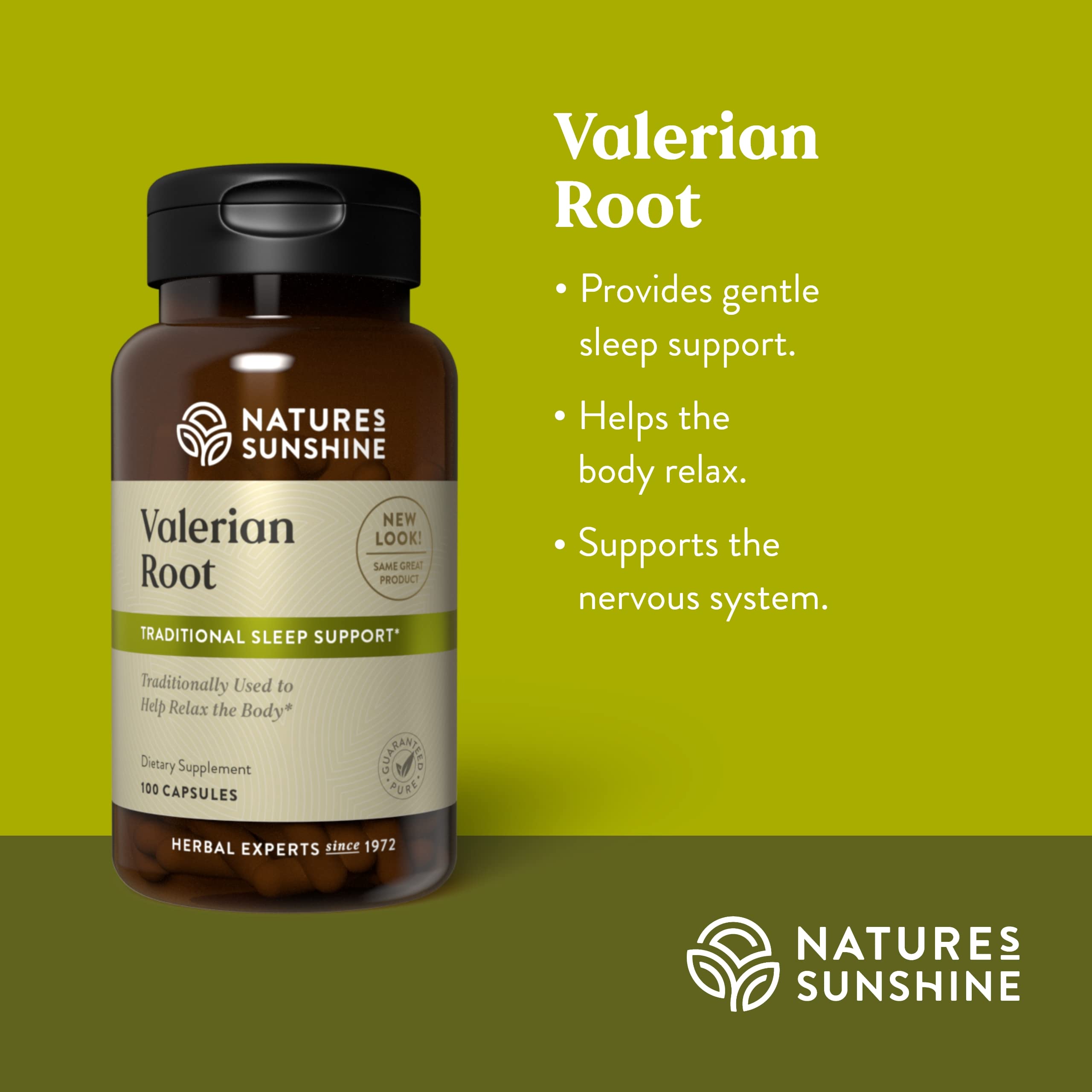 Nature's Sunshine Valerian Root label close-up illustrating herbal relaxation benefits.