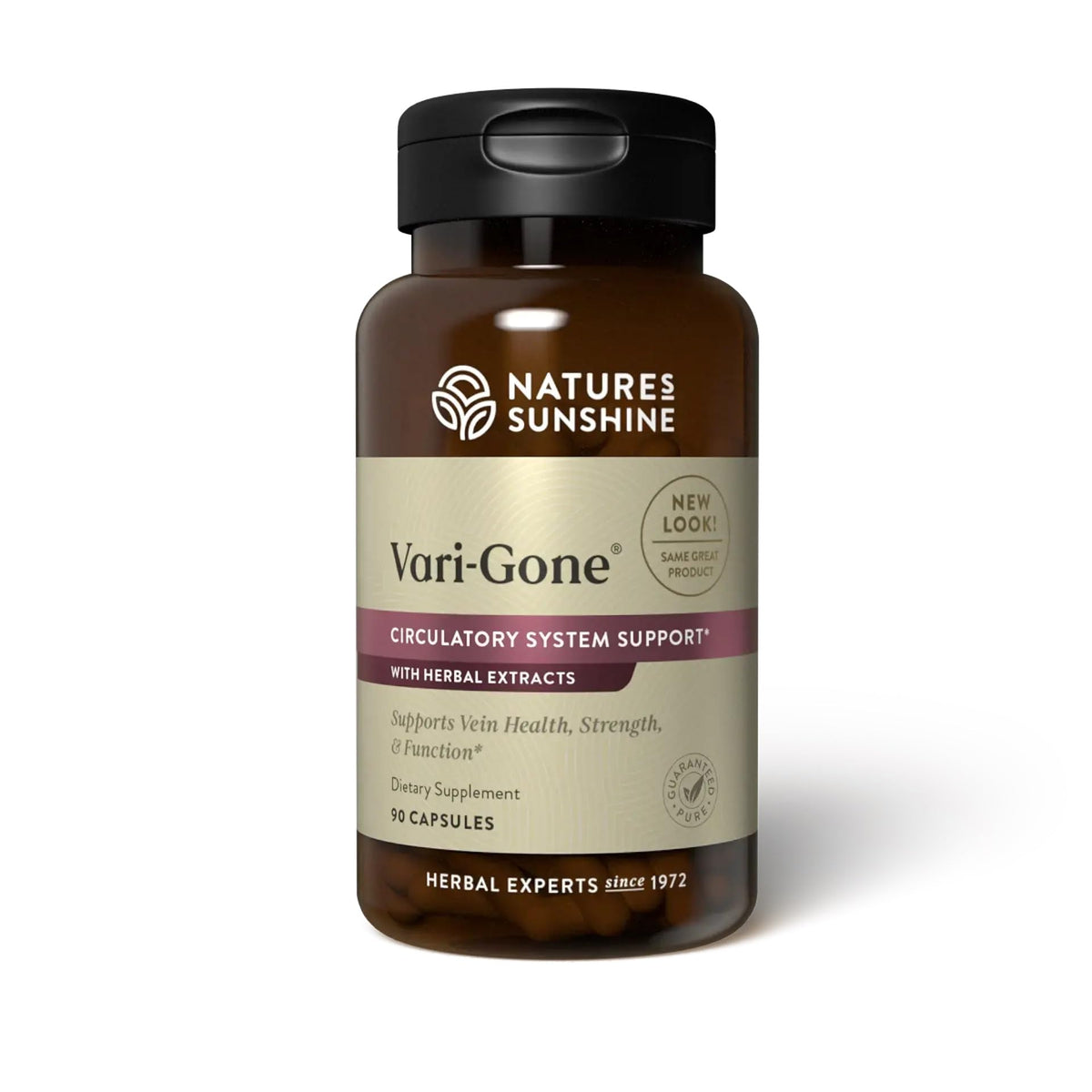 Nature's Sunshine Vari-Gone bottle label with seven-herb blend for vein support and circulation potential