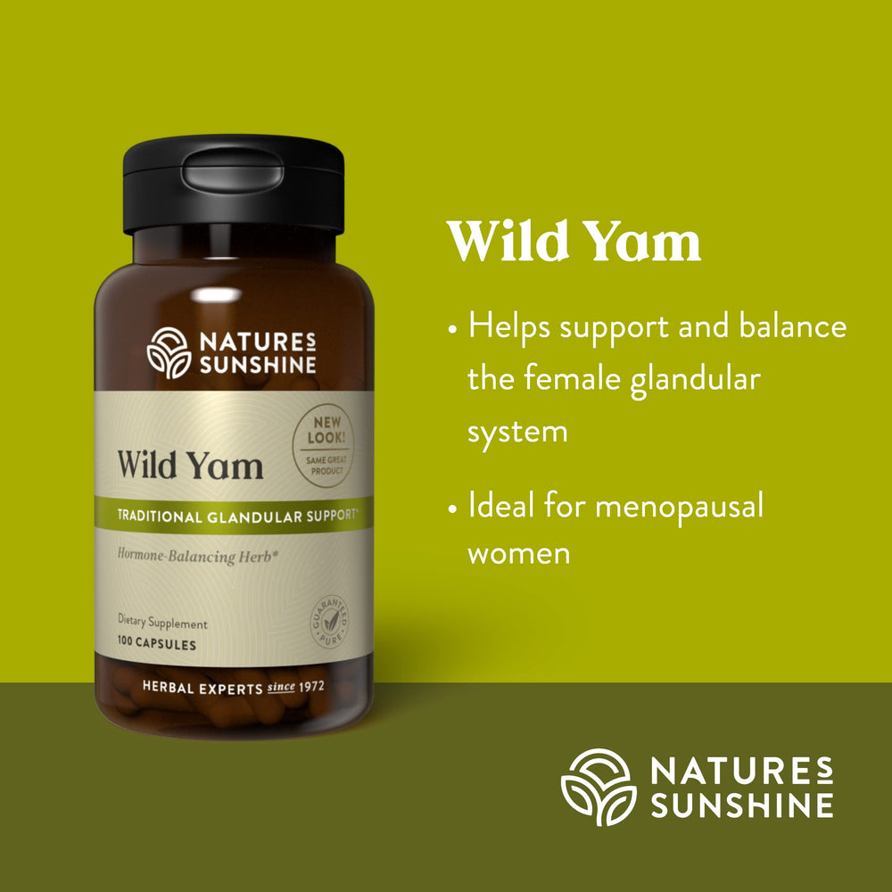 Nature's Sunshine Wild Yam capsules packaging showing bottle and box