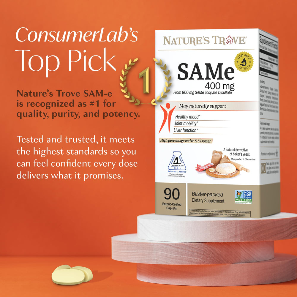 Nature's Trove SAM-e 400mg blister-pack caplets preserving freshness