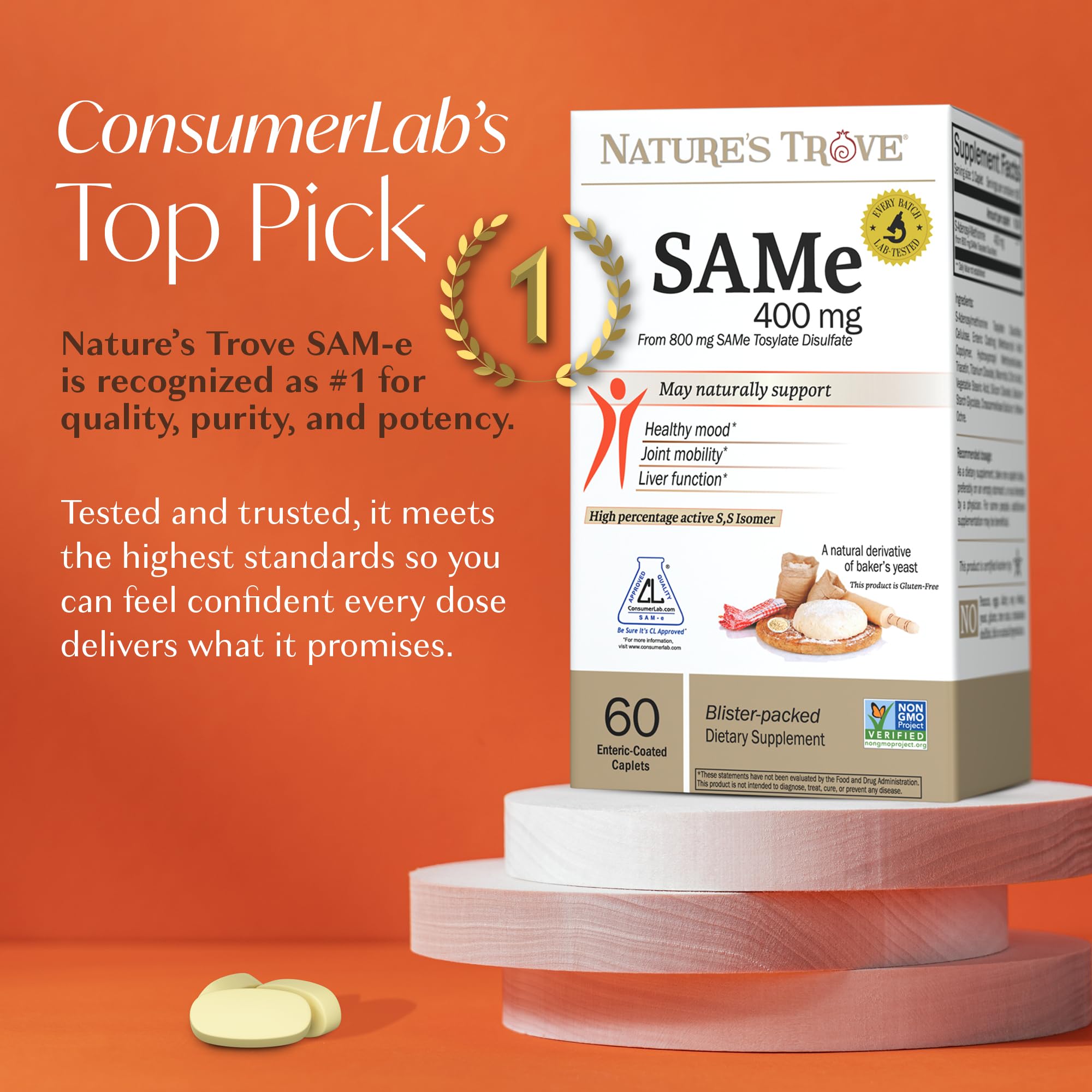 Nature's Trove SAM-e 400mg enteric-coated caplets designed for absorption