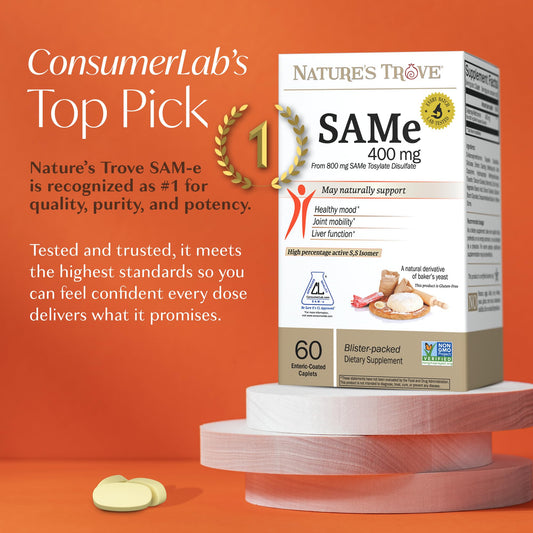 Nature's Trove SAM-e 400mg enteric-coated caplets designed for absorption