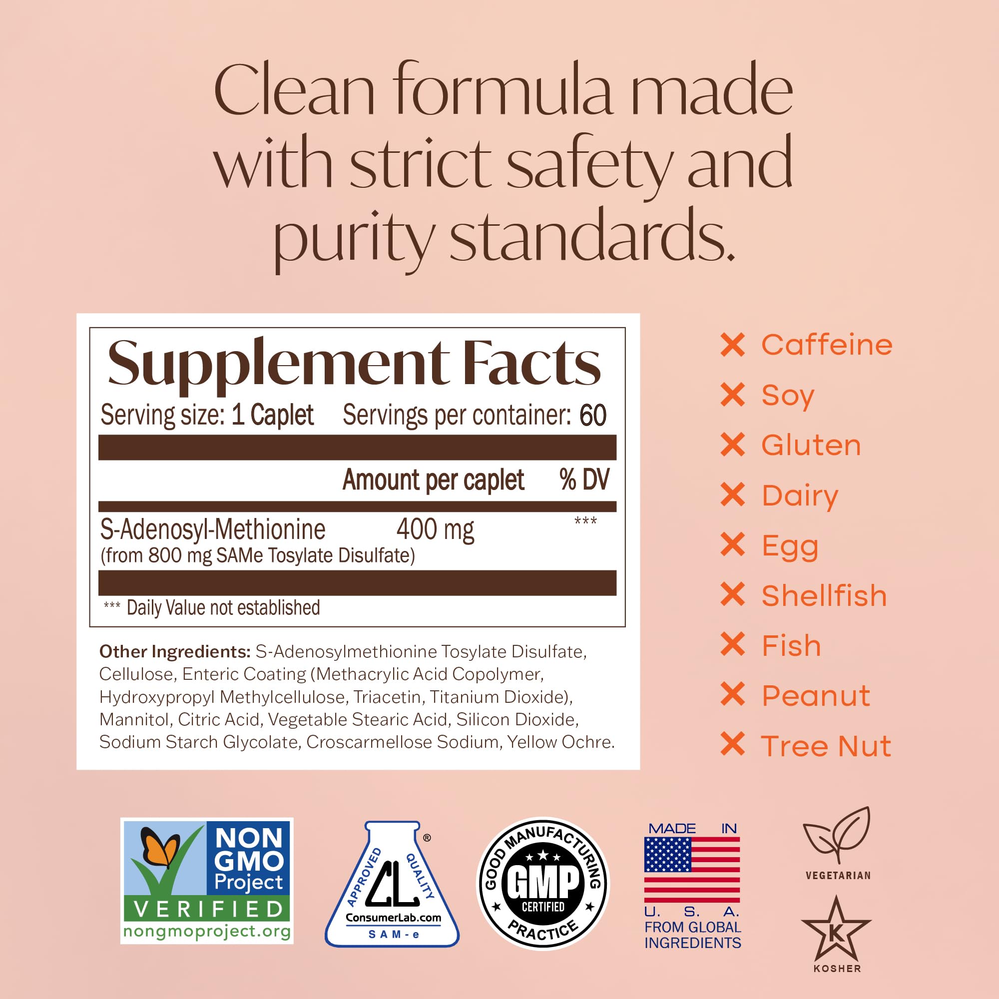 Nature's Trove SAM-e 400mg label panel showing vegan, kosher, and non-GMO info
