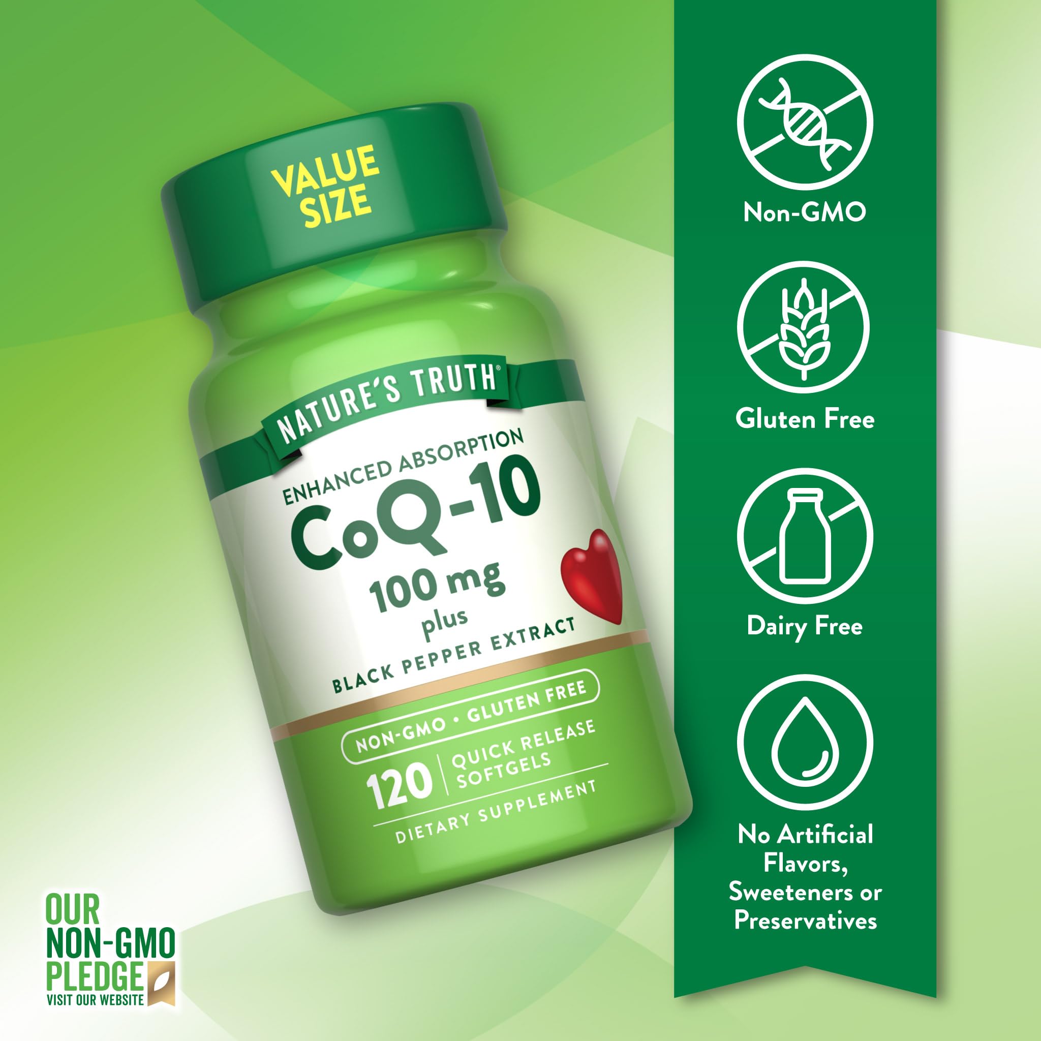 Nature's Truth CoQ10 label close-up with black pepper extract highlighting absorption